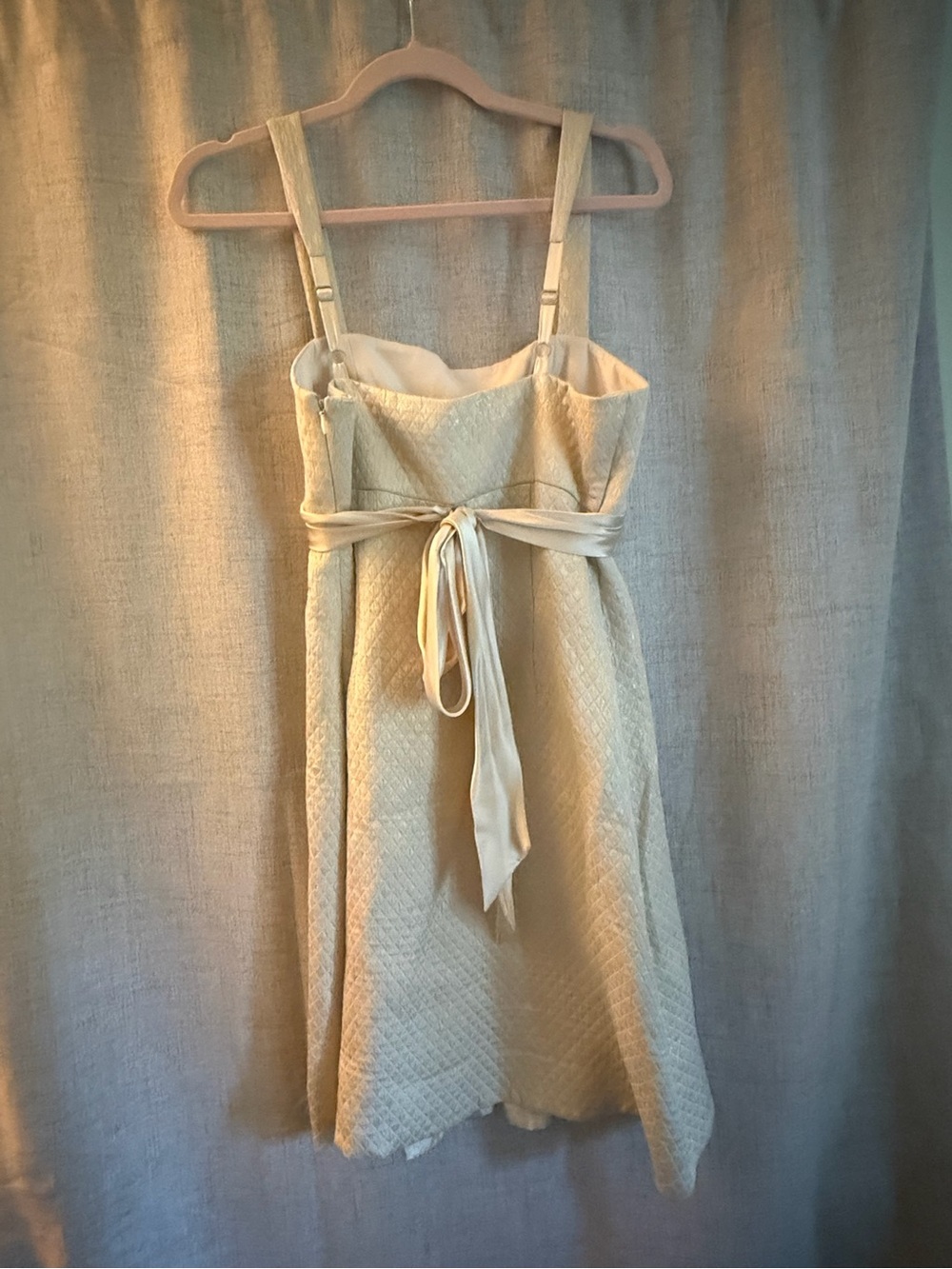 Silk BCBGMaxAzria Ivory Satin Pleated Dress with Beaded Waistband - Picture 6 of 10